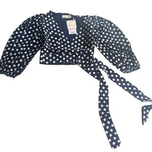 Choosy Women's Navy & White Polka Dot Crop Tie Front Blouse Size XS NWT